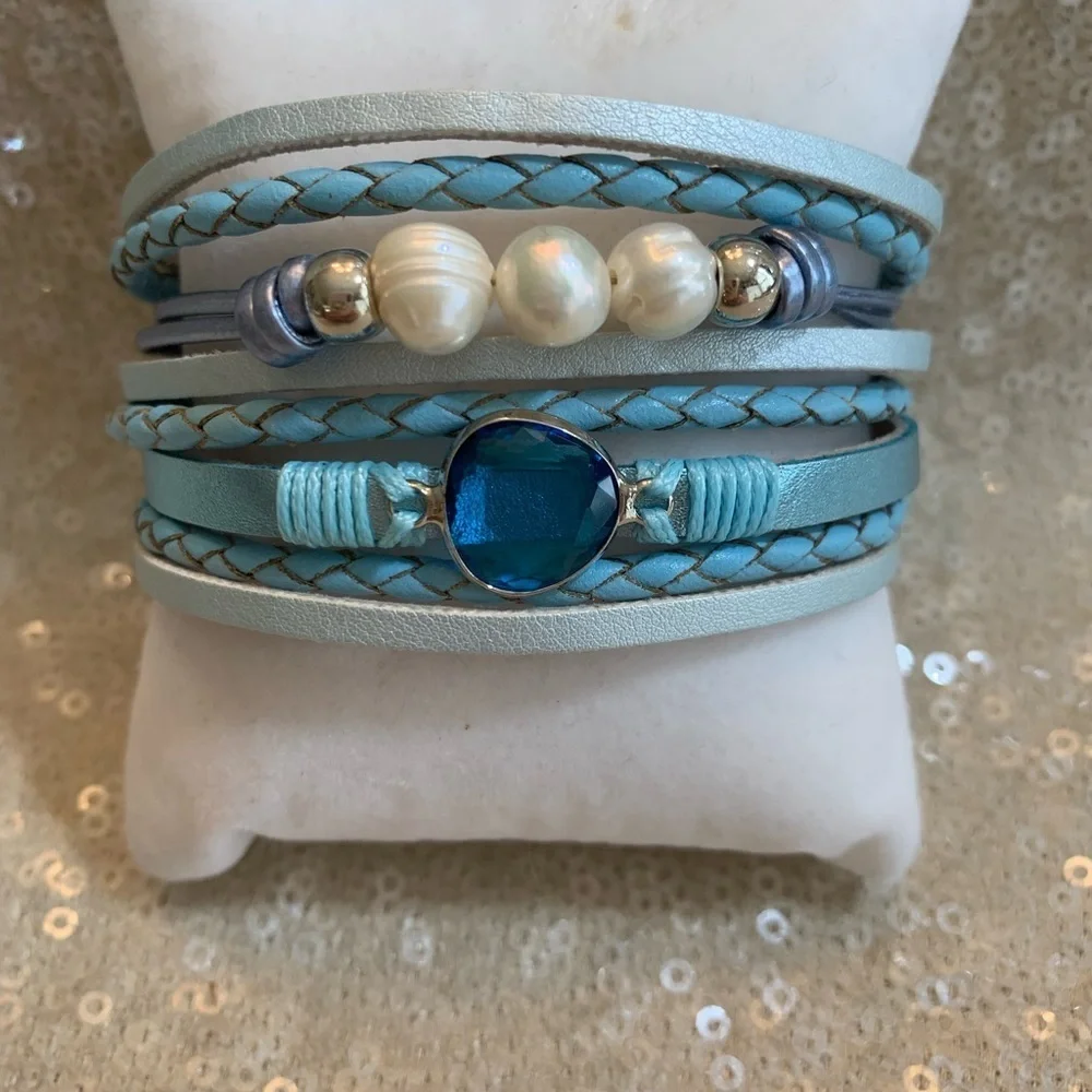 New NIB blue ivory silver beaded wrap bracelet